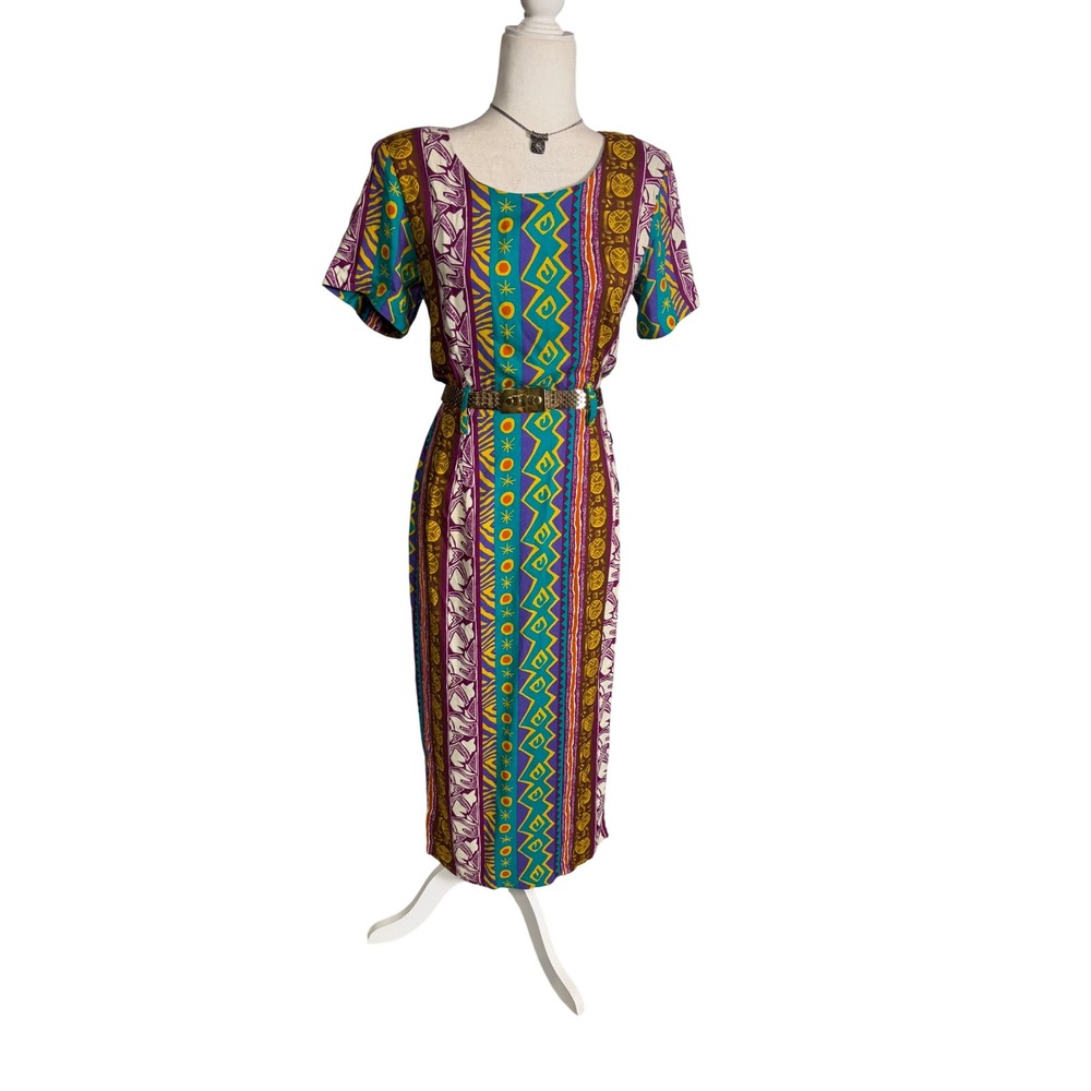 Vintage Marnie West Colorful Geometric Midi Dress Rayon Shoulder Pads Belted